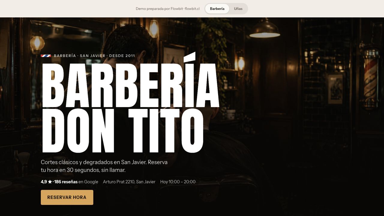 Demo de agenda online para barbería: portada de “Barbería Don Tito” en un local de luz cálida, con el botón “Reservar hora”