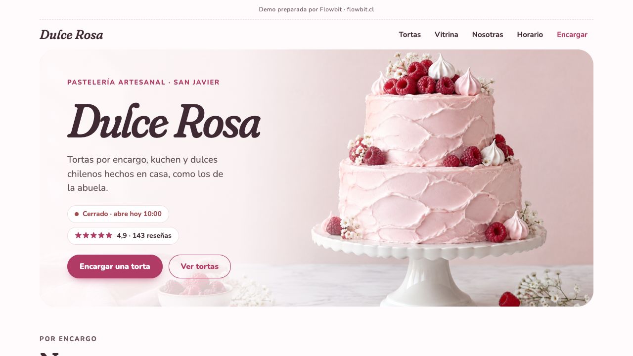 Demo de catálogo para pastelería: portada de “Dulce Rosa” con una torta rosada de dos pisos con frambuesas y el botón “Encargar una torta”