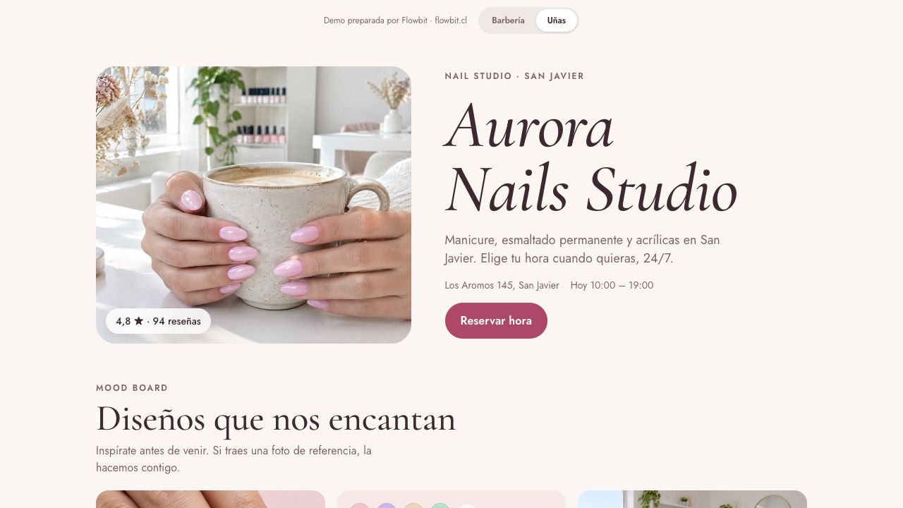 Demo de reserva de horas para salón de uñas: portada de “Aurora Nails Studio” con manos de uñas rosadas sosteniendo una taza y el botón “Reservar hora”