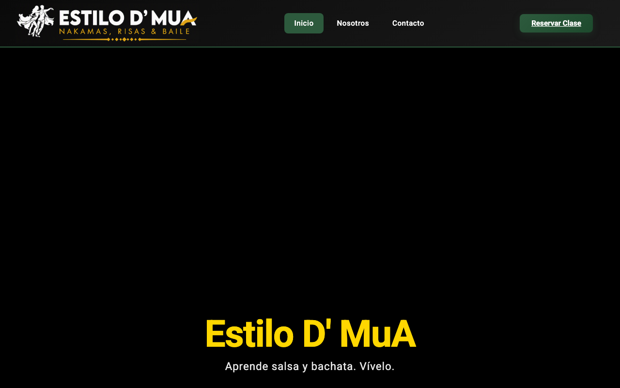 Portada del sitio de la academia Estilo D’ MuA: logo con bailarines, menú de navegación y botón “Reservar clase” sobre fondo negro